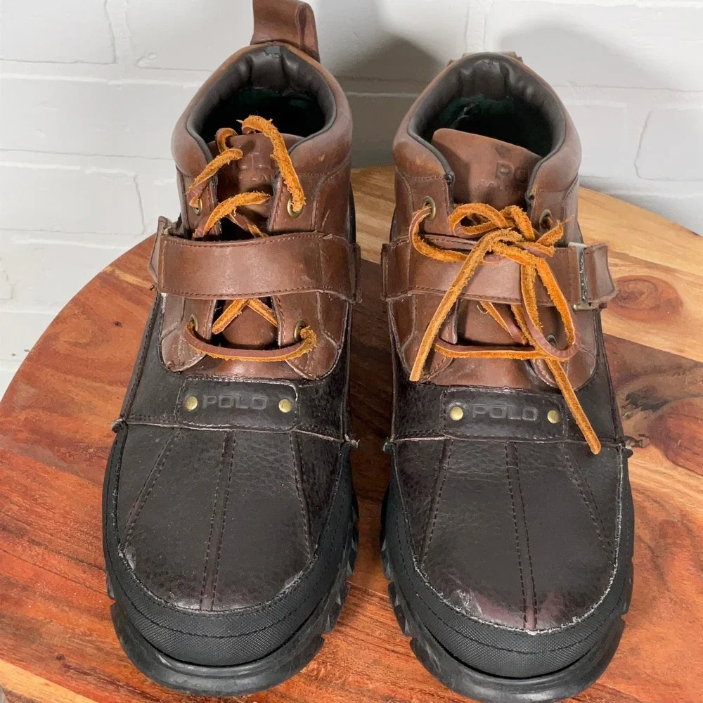 Polo Ralph Lauren Duck Boots Men‎ 12D Black Brown Leather Ankle Hardy II Lace Up